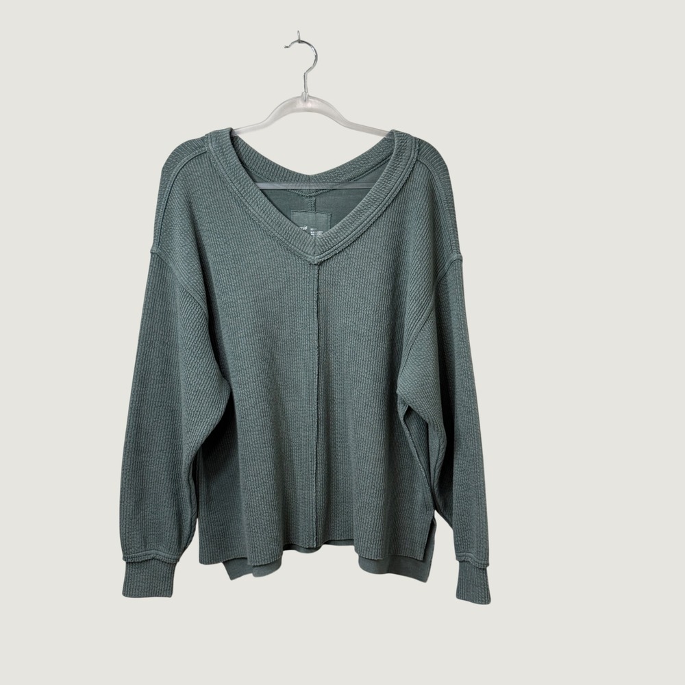 Aerie Womens XS Sage Green Waffle Knit V-Neck Oversized Long Sleeve Top Pullover